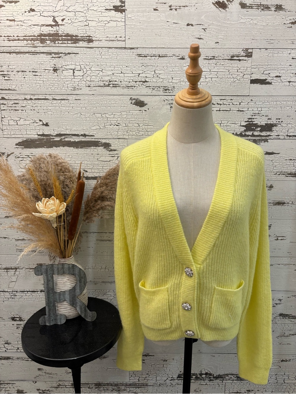 Ganni Lemon Yellow V-Neck Pocket Cardigan